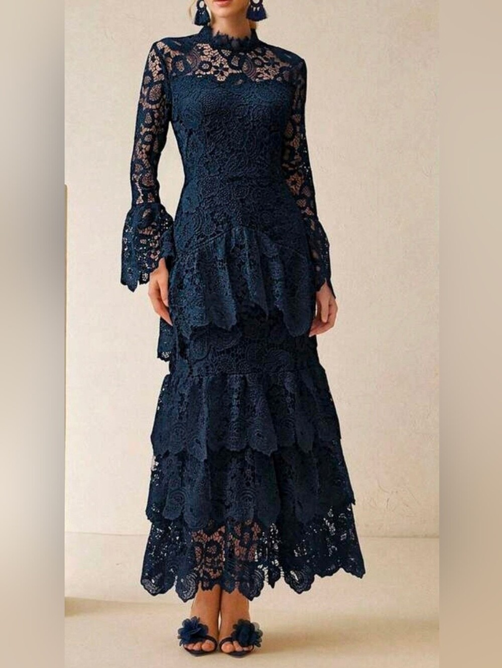 New Luxe Embroidered Sheer Floral Tiered Ruffle Maxi Dress Navy Blue - Picture 3 of 9